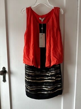 Vero Moda Coral and Black Dress with Gold Label Detail